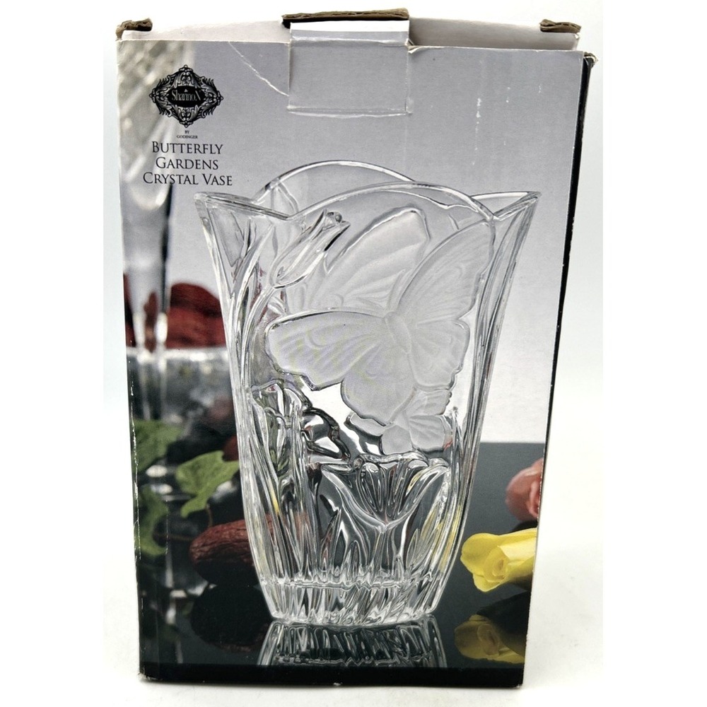 Shannon 24% Full Lead Clear & Frosted Glass 7.25" Vase Meadow Butterflies Floral